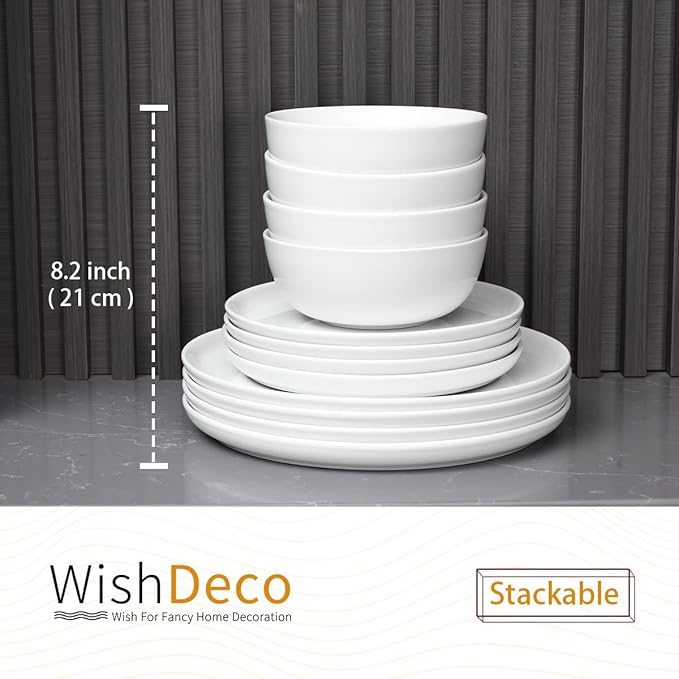 Plates and Bowls Sets 12 Pieces Dinnerware Sets Ceramic Dishes Set for 4 White Kitchen Dishware Set Microwave and Dishwasher Safe