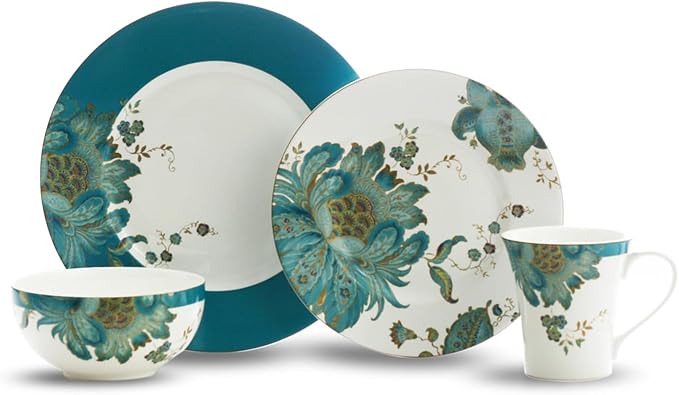 222 Fifth 16-Piece Porcelain Dinnerware Set for 4 Elegant Floral Plates and Bowls Sets-White Teal Gold Ceramic Dishes Chip Resistant Kitchen and Dining Dish Set Microwave &amp Dishwasher Safe E