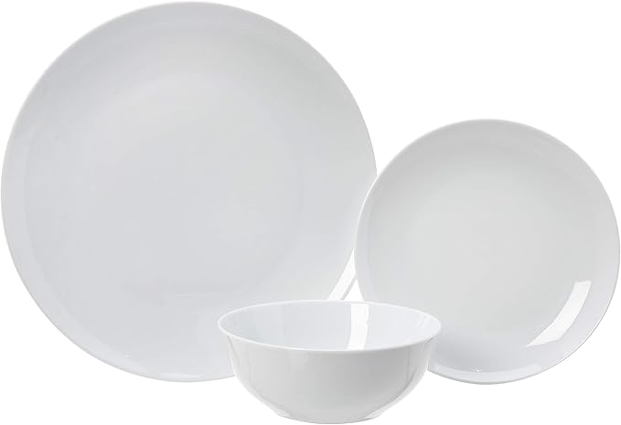 Amazon Basics 18-Piece Complete Kitchen Dinnerware Set Microwave and Dishwasher Safe Plates Dishes Bowls for Everyday Use Service for 6 White Porcelain Coupe
