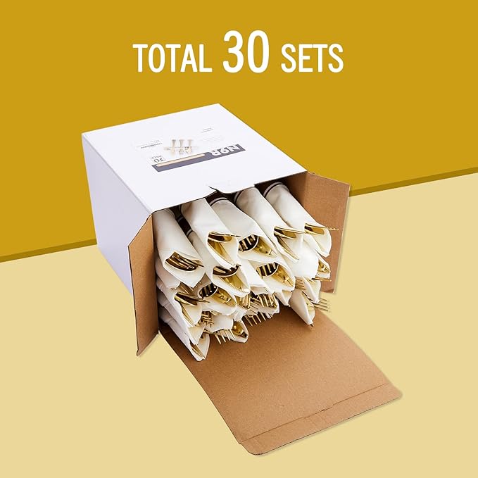 N9R 30 Pack Pre Rolled Gold Plastic Cutlery Set Wrapped Plastic Silverware Set with 30 Forks 30 Knives 30 Spoons and 30 Napkins Disposable Cutlery Set for Party and Wedding
