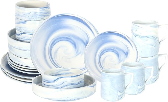 20 Piece Plates and Bowls Sets Fine China Artisan Marbled Dinner Set for 4 Dishwasher Safe Dinnerware Set Scratch Resistant Blue