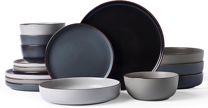 Famiware Mercury Dinnerware Sets with Pasta Bowls Service for 4 (16 Pieces) Plates and Bowls Sets Microwave and Dishwasher Safe Dishes Set Multi-color