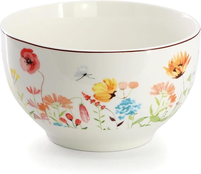 Wildflower Meadow 16 Piece Stoneware Dinnerware Set – White Dinner Plates with Floral Design Bowls and Mugs – Microwave &amp Dishwasher Safe