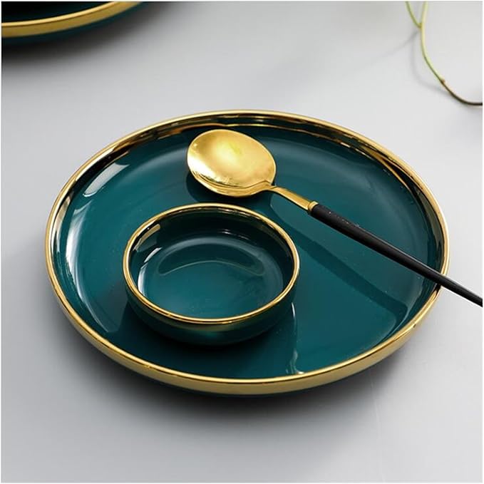 Green Ceramic Dinnerware Set Steak Food Plates Bowls Porcelain Family Hotel Dish (2 People Set(8pcs))