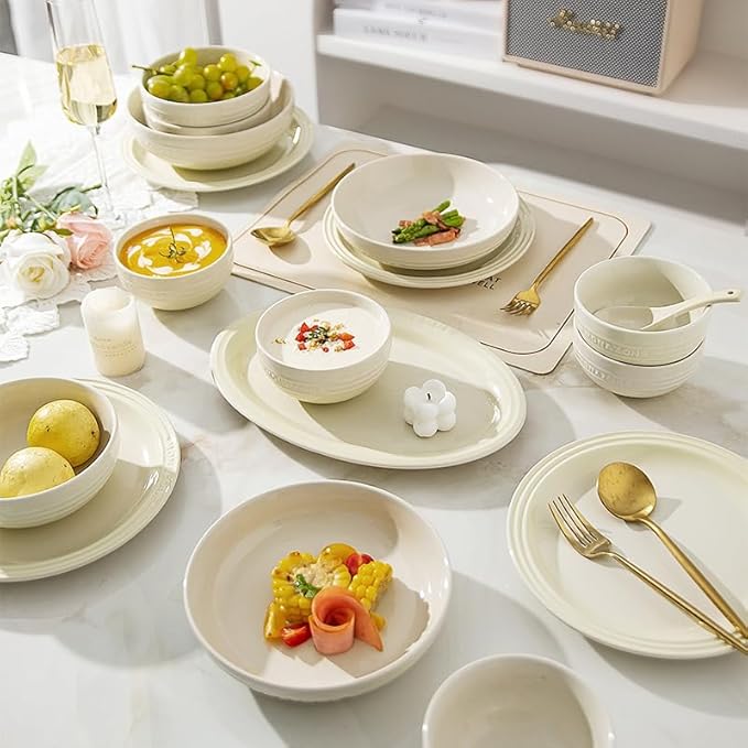 12-Piece White Ceramic Dinnerware Set - Monazone Series Service for 4 Includes Bowls &amp 8''/9'' Plates Glossy Finish