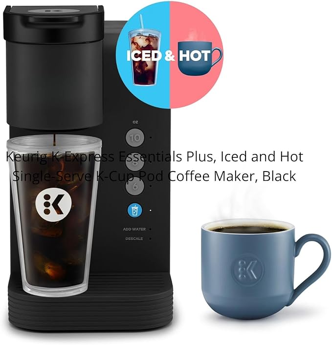 KeurigK -Express Essentials Plus Iced &amp Hot Single Serve Brewer Adjustable Temp Brew Over Ice Pods Compatible Coffee Maker (Black)