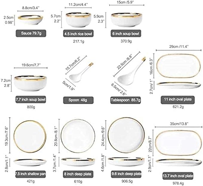Dinnerware Sets - Luxury Gift Dishes Service Set Dinnerware Sets Service for 2/4/6 Kitchen Plates and Bowls Sets White Luxury Bone China Tableware Nordic Gold Porcelain Dish Set(26Pcs)