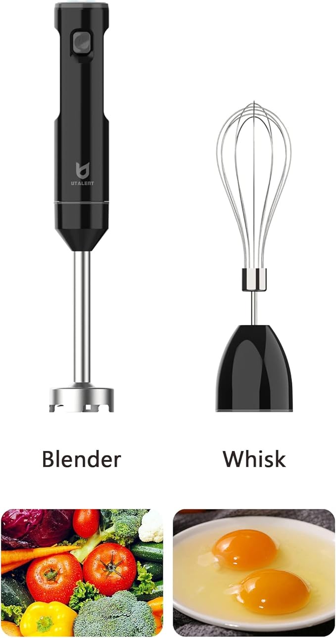 Cordless Hand Blender UTALENT Variable Speed Immersion Blender handheld Rechargeable with USB-C Charging Cable Egg Whisk for Smoothies Milkshakes Hummus and Soups – Black