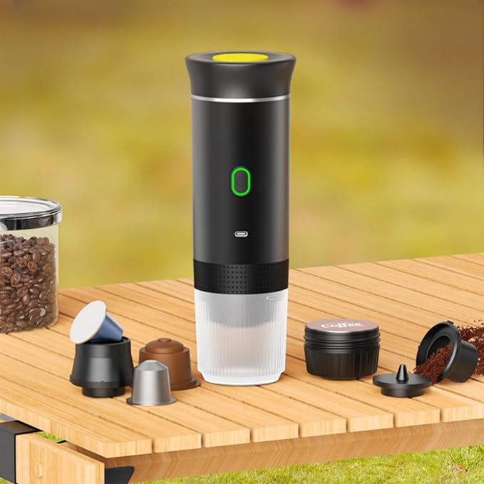 Mini Electric Espresso Coffee Machine Small Self-Heating Portable Car Coffee Maker with Capsule and Ground Coffee for Office RV Travel Camping Hiking (black)