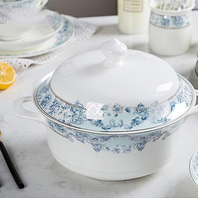 65 pcs Dinnerware Set Serves for 10 People Line Drawing Decoration Bone China Tableware SetPremium Quality Porcelain Dishes/Plate/BowlDishwasher &amp Microwave SafeBlue (60pcs Serves for 10 Peopl