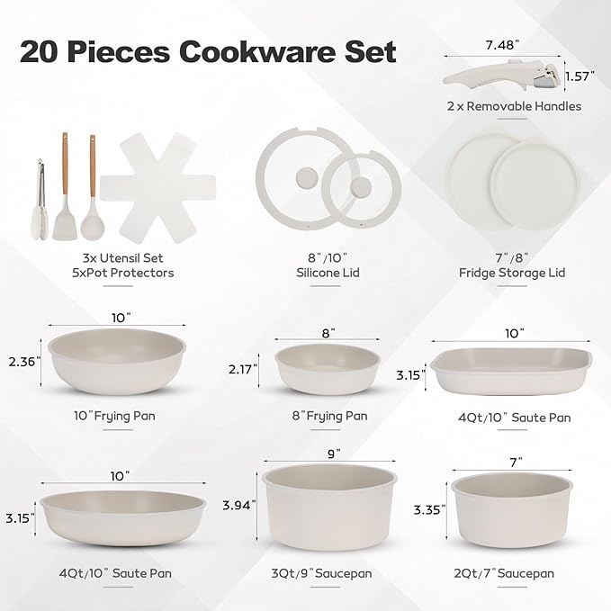 20 Piece Ceramic Pots and Pans Set Non Stick Cookware Set with Detachable Handles Oven Safe Induction Ready Stackable RV Kitchen Cooking Set Cream White