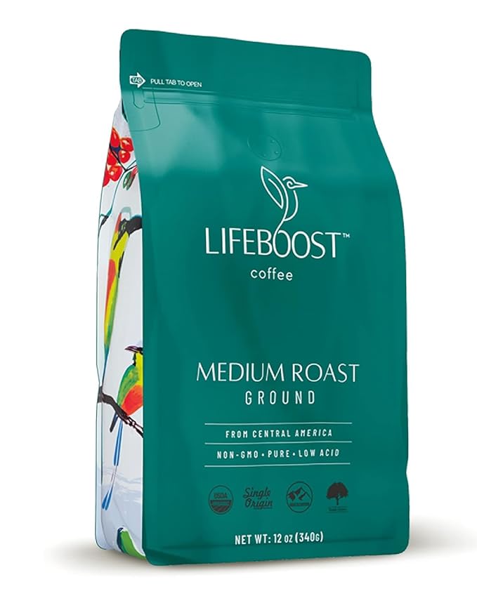 Lifeboost Coffee Ground Medium Roast Coffee - Low Acid Single Origin USDA Organic Coffee - Non-GMO Ground Coffee Third Party Tested For Mycotoxins &amp Pesticides - 12 Ounces