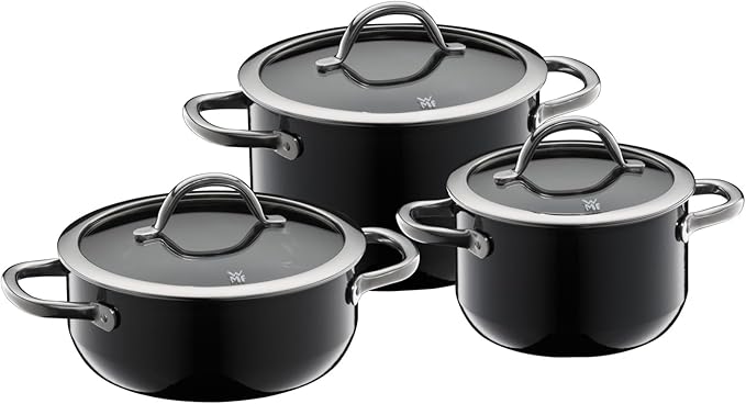 WMF Fusiontec Inspire 3-Piece Saucepan Set Black High-Tech Ceramic Induction Includes 3 Pots and 1 Glass Lid