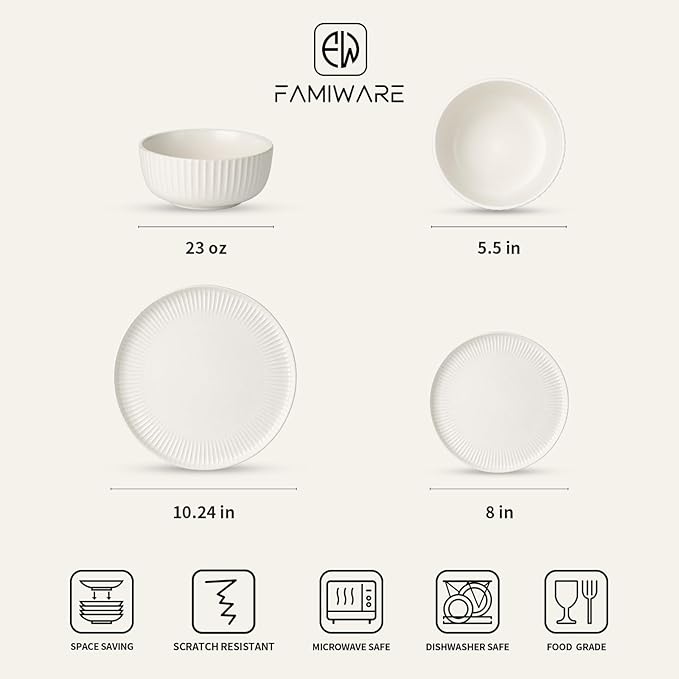 famiware Dinnerware Sets with Mugs Plates and Bowls Dish Set of 6 (24 Pieces) - Dishwasher &amp Microwave Safe Chip Resistant Reactive Glaze