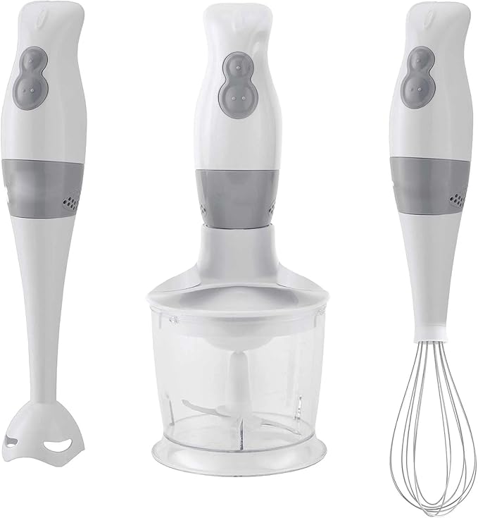 2-Speed Electric Hand Blender with Balloon Whisk – Ergonomic Immersion Blender for Mixing Chopping and Food Processing – Stainless Steel Blades 5ft Cord Dishwasher Safe (White)