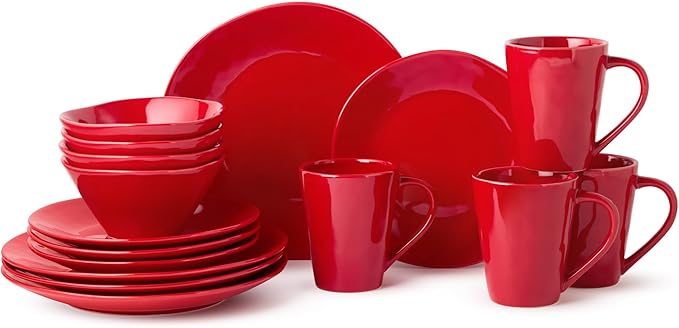 Berry Red Christmas 16pc Dinnerware Set Stoneware Holiday Tableware Service for 4 with Plates Mugs &amp Bowls Mix and Match with Holly and Vines for a Festive Christmas Table