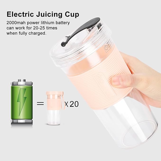 Portable Blender USB Rechargeable Three Leaf Cutter Head Blenders 2000mah Electric Fruit Juicing Cup with Extra Handle Lid for Travel Sports Outgoing (320ml)
