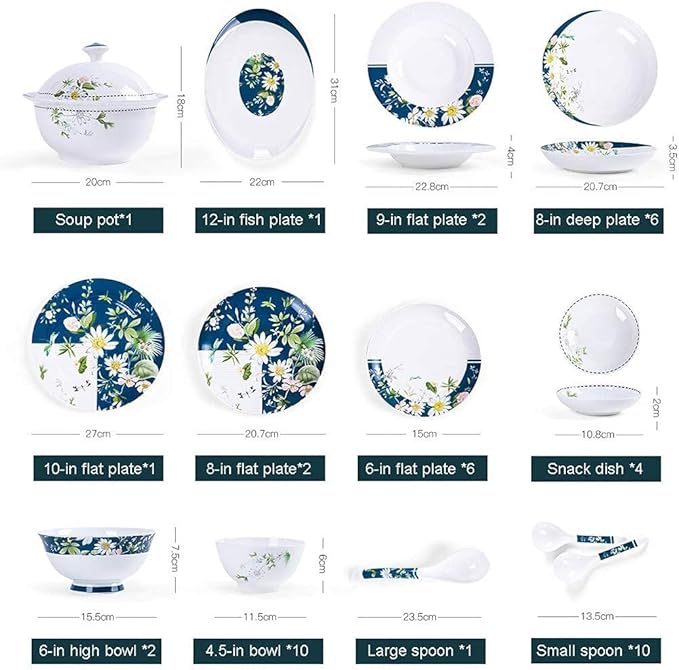 Ceramics Dinner Sets 46 Pieces Ceramics Dinner SetsBowl/Dish/Soup Pot/Spoon|Dinnerware Set Simple l Pattern Combination Tableware Set-Compatible with Gift Giving Banquet
