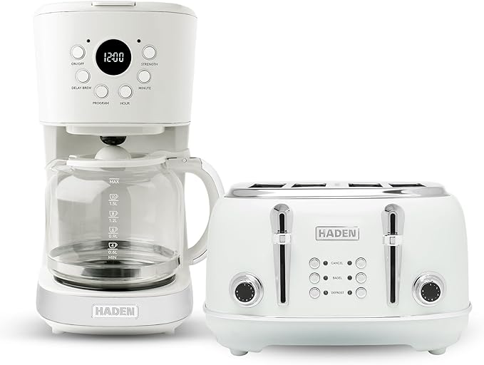Haden Heritage 4 Slice Wide Slot Stainless Steel Toaster Bundled with 12 Cup Programmable Drip Coffee Maker Coffee Machine Ivory &amp Chrome