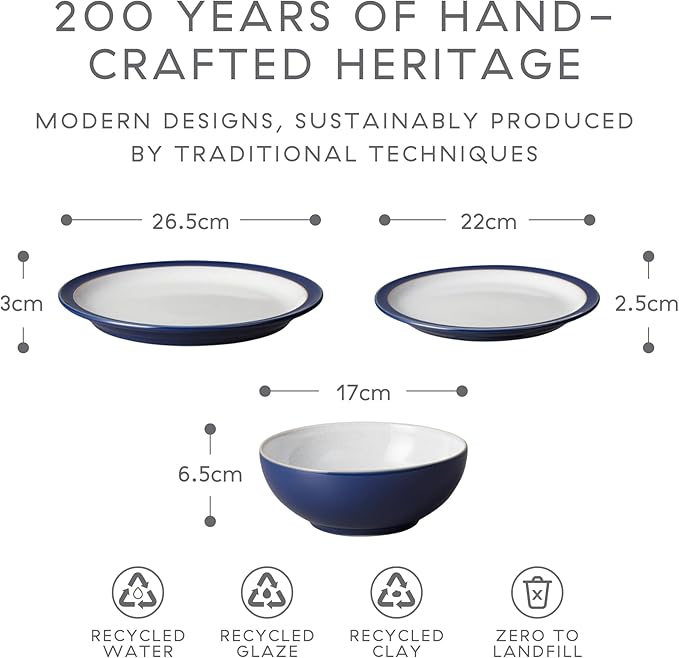 Denby Elements Dark Blue Dinner Set - 4/12 Piece Ceramic Tableware - Dishwasher &amp Microwave Safe - 4 Dinner Plates 4 Medium Plates 4 Cereal Bowls