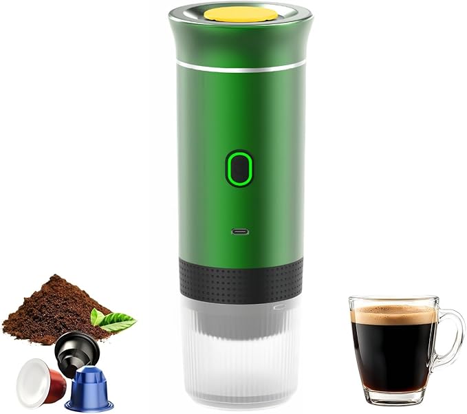 Mini Electric Espresso Coffee Machine Small Self-Heating Portable Car Coffee Maker with Capsule and Ground Coffee for Office RV Travel Camping Hiking (green)