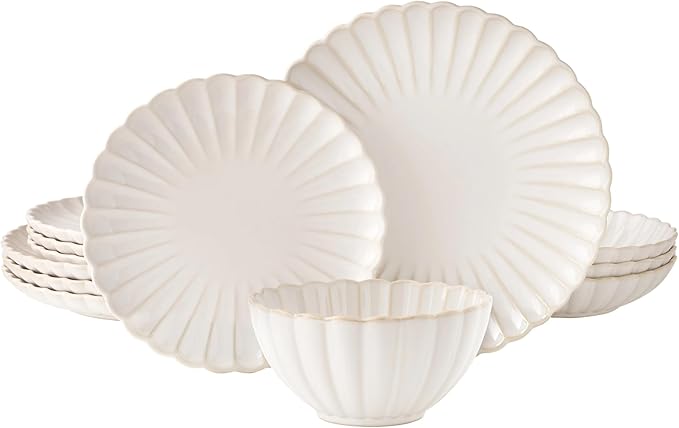 Stoneware Dinnerware Set 12-Piece Wavy Retro Design with Farmhouse Charm Microwave &amp Dishwasher Safe Ideal for Daily Meals &amp Friend Gatherings Includes Dinner &amp Salad Plates Bowls