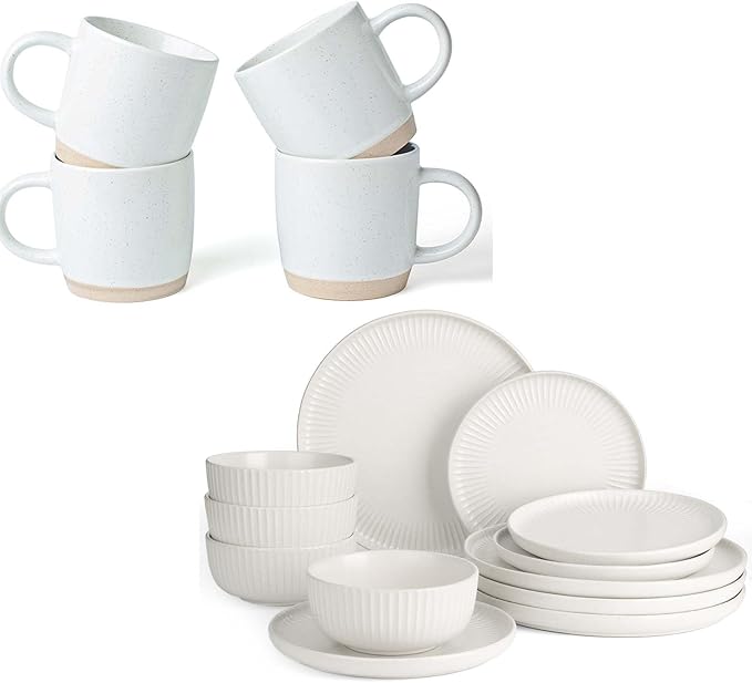 Famiware Dinnerware Sets with Mugs Plates and Double Bowls Dish Set of 4 (16 Pieces) - Dishwasher &amp Microwave Safe Chip Resistant Reactive Glaze
