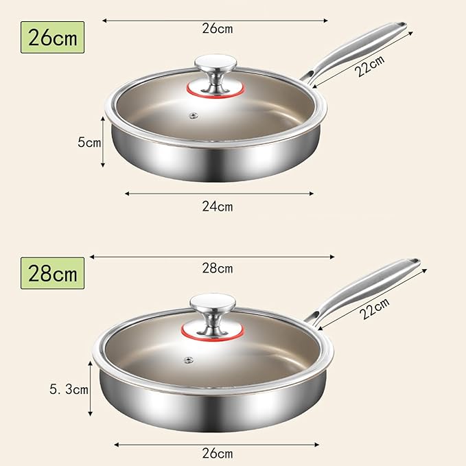 10''11''Titanium-Infused 304 Stainless Steel Frying Pan with Glass Lid – Low-Smoke Non-Stick Skillet Wear-Resistant &amp All Cooktop Compatible (10 inch)