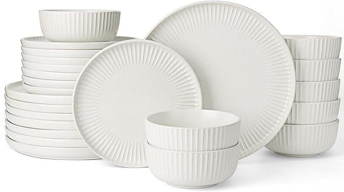 Famiware Starlight Plates and Bowls Dishes Set of 8 (24 Pieces) Ribbed Textured Stoneware Dinnerware Sets- Dishwasher &amp Microwave Safe Chip Resistant Matte Reactive White