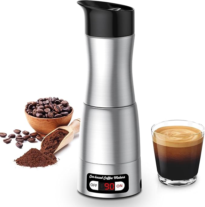 12V Coffee Maker for Car Portable Coffee Maker with 24V for Truck Stainless Steel Self-Heating 150ml Car Espresso Machine for Camping RV Travel