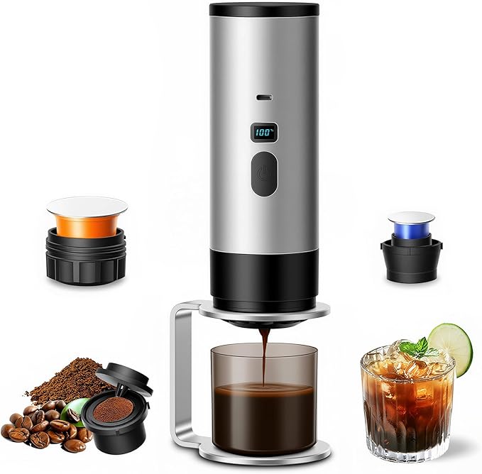 RQUOIRE 3-in-1 Portable Coffee Maker Espresso Machine Self-Heating Travel Coffee Maker Compatible with NS DG Pods &amp Ground Coffee Small Mini Espresso Machine for Car Camping Hiking With Stand