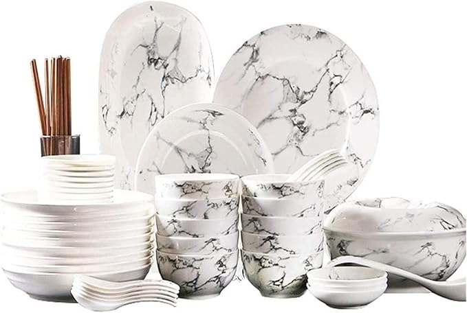 Dinnerware Set Dinner Party Tableware Service Set 44 Pieces Ceramic Tableware Set Japanese Marble Pattern Bowl Fish Plate Soup Pot Set Bowl Plate Dish Tableware Service for 10