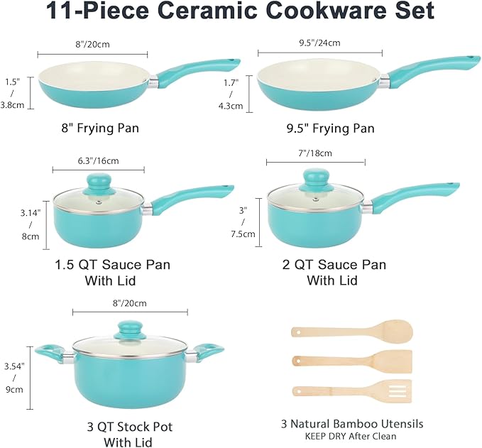Pots and Pans Set Nonstick 11pcs Kitchen Cookware Sets Induction Cookware Ceramic Non Stick Cooking Set Stay Cool Handle &amp Bamboo Kitchen Utensils 100% PFOA Free Turquoise
