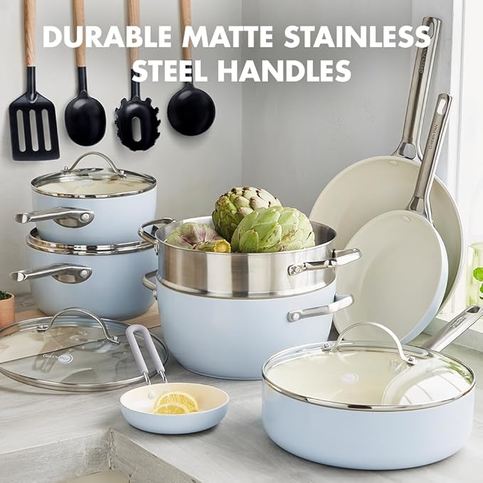 GreenPan Padova Hard Anodized Healthy Ceramic Nonstick 17 Piece Cookware Set PFAS-Free Induction Dishwasher Safe Oven Safe Light Blue