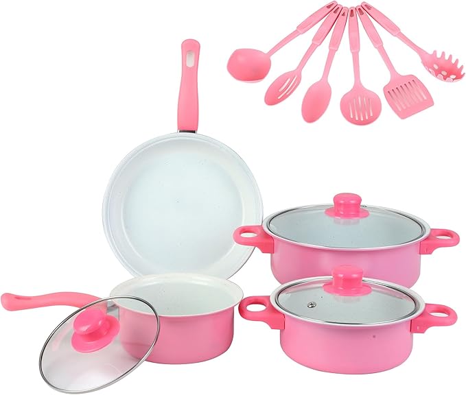 Pink Cookware Set 13 Piece Pots and Pans with Utensils Nonstick PFOA Free Scratch Resistant Cooking Surface Compatible with All Stoves