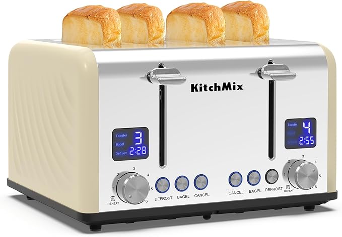 Toaster 4 Slice KitchMix Bagel Stainless Toaster with LCD Timer Extra Wide Slots Dual Screen Removal Crumb Tray (Cream)