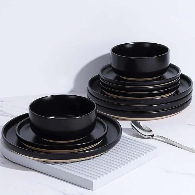 LIANYU 18PCS Dinnerware Plates and Bowls Sets Ceramic Dishes Set for 6 Stoneware Dinner Dessert Salad Plates Cereal Bowls Scratch Resistant Dishware Microwavable &amp Dishwasher Safe Matte Black