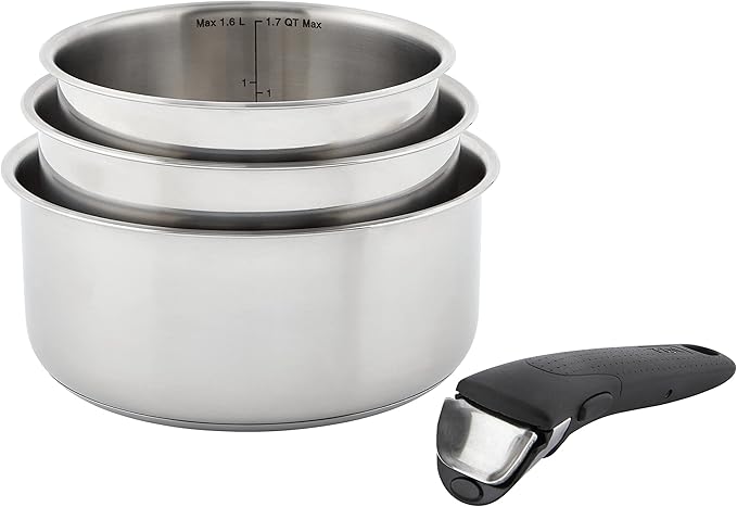 T-fal Ingenio Expertise Stainless Steel Cookware Set 4 Piece Induction Oven Safe Stackable Cookware Pots and Pans RV Camping Frying Pans Dishwasher Safe Detachable/Removable Handle Silver