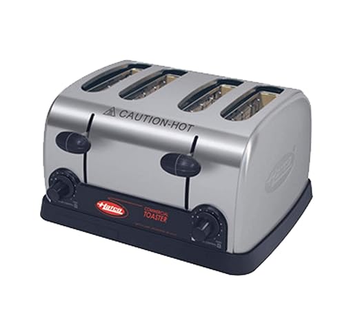 Hatco 4-Slot Pop-Up Toaster | Electric Bread Bagel Warmer with Removable Crumb Tray | 1-1/4 Wide Self-Centering Compartments | 220 Slices/Hour | 13.63W x 8.13H x 12.38D | Stainless | 1440W 120V