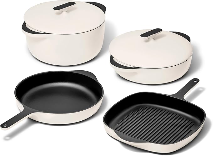 Caraway 8-Piece Enameled Cast Iron Set - 10.5” Skillet Grill Pan 3.5 qt Braiser Pan 6.5 qt Dutch Oven with Lid and Organizers - Non-Toxic 3-Layer Enamel Coating - No Seasoning Required - Cream