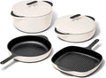 Caraway 8-Piece Enameled Cast Iron Set - 10.5” Skillet Grill Pan 3.5 qt Braiser Pan 6.5 qt Dutch Oven with Lid and Organizers - Non-Toxic 3-Layer Enamel Coating - No Seasoning Required - Cream