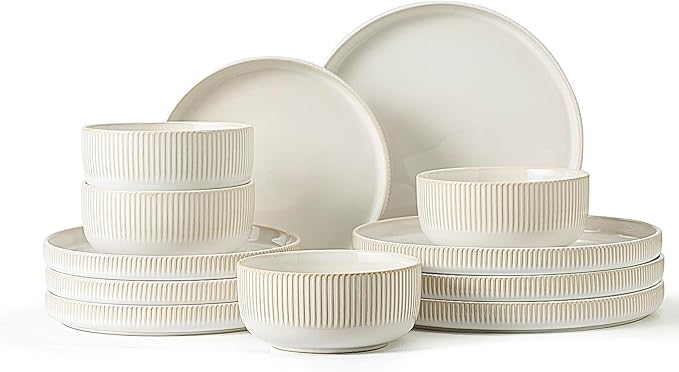 Frewinky Stoneware Dinnerware Sets for 412 Piece Kitchen Plates and Bowls SetReactive Glaze Porcelain Dinnerware Sets Scratch ResistantDishwasher and Microwave Safe Cappuccino White