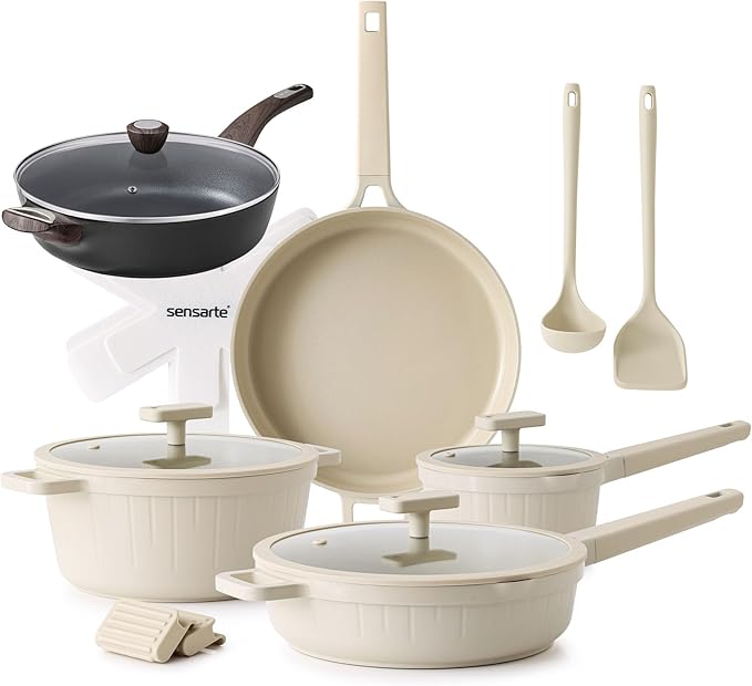 SENSARTE 15 Piece Nonstick Cookware Set includes 5 Qt Ceramic Nonstick Frying Pan Skillet with Lid