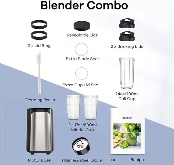 Juice Cup Blender with 3 Cups Stainless Steel Personal Blender Portable Smoothie Maker with Recipe Book 17oz and 24oz Bottles