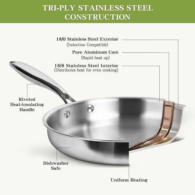 Triple Ply Stainless Steel Pots and Pans Set EWFEN 12 Piece Induction Cookware Set Oven Dishwasher Safe | Frying Pans Saucepans Saute Pan &amp Stock Pot PFOA Free Kitchen Skillet