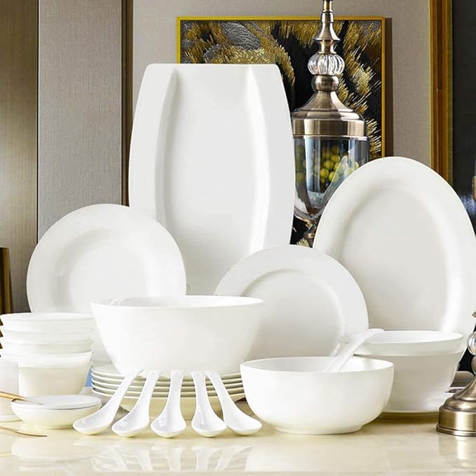 Dinner Plates Pottery Tableware 30 Pieces Pure White Dinnerware Set Palace Style Dishes for Family Banquet or Restaurant European Nobility's Choice Service for 6