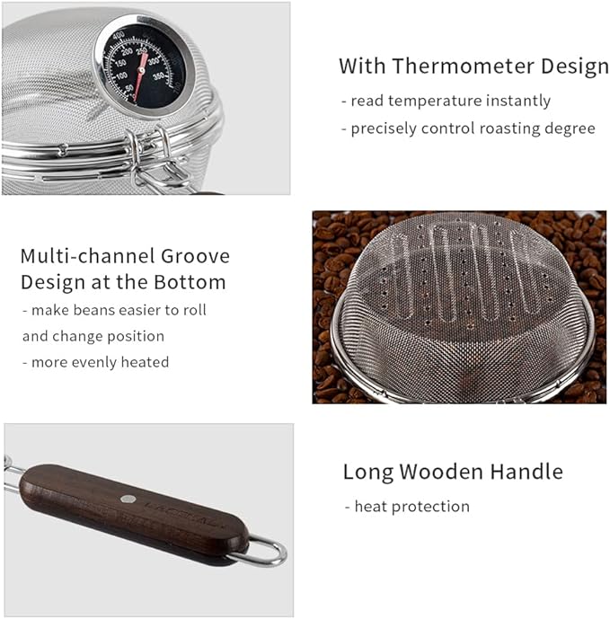 Home Coffee Bean Roaster Tool - CAFEMASY Portable Stainless Steel Handy Coffee Roaster Mesh Pan Tool with Thermometer for Home &amp Outdoor Coffee Beans Baking