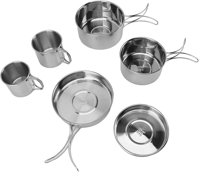 Topyond 6PCS Camping Pots and Pans SetPortable Cookware Set Rapid Heating 304 Stainless Steel Efficient Easy to Clean Multifunctional Tableware