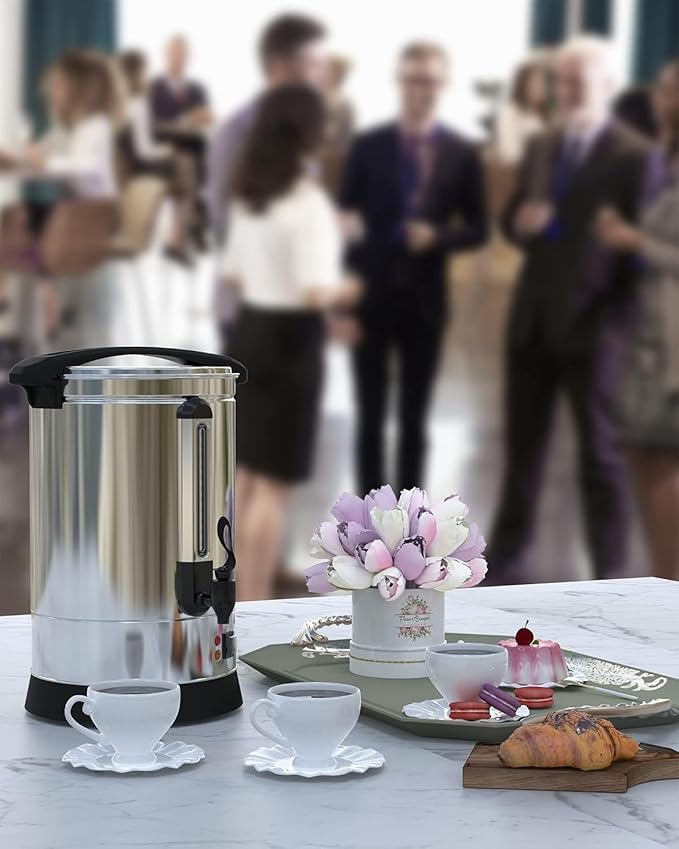 100-Cup Commercial Coffee Maker 14L Stainless Steel Coffee Percolator Electric Coffee Urn Fast Brew Auto Reboil &amp Boil-Dry Protection Hot Water &amp Hot Chocolate Dispenser for Party Buffet C