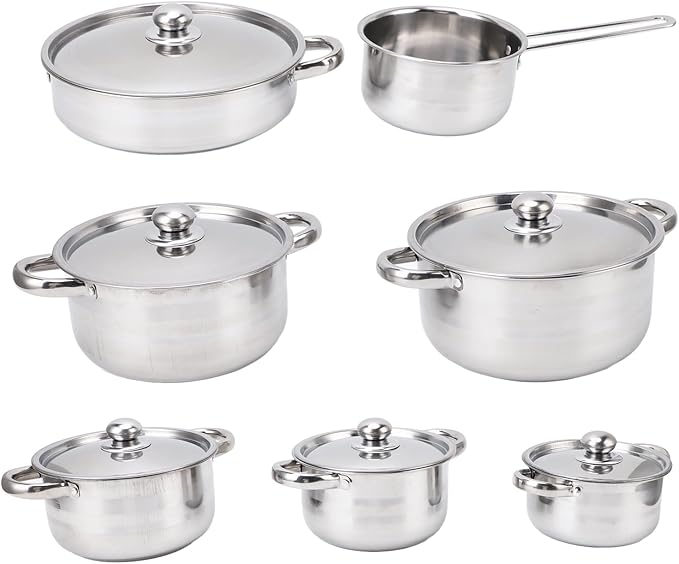 Stainless Steel Cookware Set 7 Piece Non Stick Stainless Steel Pots and Pans Set Space Saving Design Induction Kitchen Cookware Sets Works with Electric and Gas Cooktops